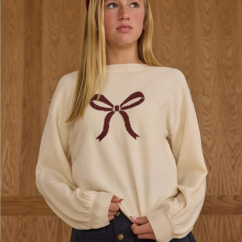 Rylee + Cru Cream Sweater with Bow Accent